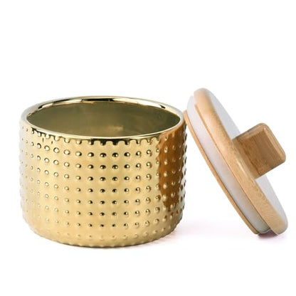 Salt Cellar Keeper with Bamboo Lid, 14oz Big Capacity Ceramic Sugar Bowls Pepper Box, Golden Water Dot Seasoning Container Condiment Pot for Kitchen (Gold Color) - color: Gold