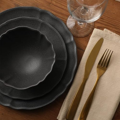 Gibson Elite Vista Rossio - Made In Portugal - 12 Piece Dinnerware Set for 4, Black Ceramic Plates and Bowls Sets, Stoneware Dishware Set with Scalloped Edge, Dinner Plates Salad Plates & Cereal Bowls - color: Black (Vista Rossio Dinnerware)