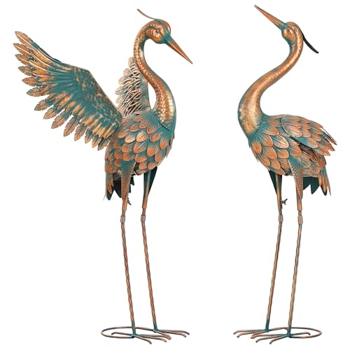 36.8" Metal Crane Garden Statue, Extra-Large Heron Yard Art | Handcrafted Blue Heron with U-ground Stakes for Stability. Weatherproof Iron Bird Art for Backyard, Lawn, Pond, or Patio. - color: 36" -Weathered Copper Blue