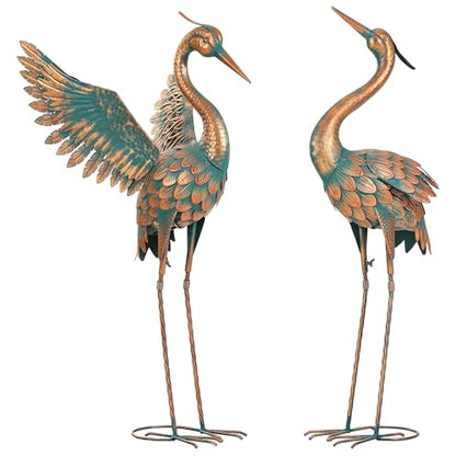 36.8" Metal Crane Garden Statue, Extra-Large Heron Yard Art | Handcrafted Blue Heron with U-ground Stakes for Stability. Weatherproof Iron Bird Art for Backyard, Lawn, Pond, or Patio. - color: 36" -Weathered Copper Blue
