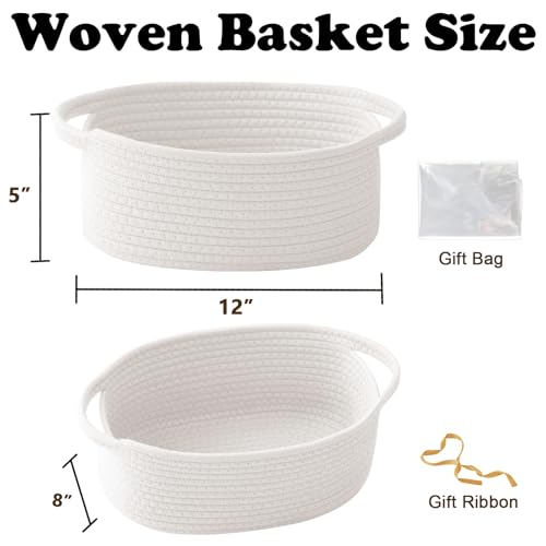 2 Pack Small Woven Rope Basket with Handles, Grey | Empty Gifts Basket with Bag and Ribbons, Cute Handle Organizer Box, Birthday/Baby Shower, Toy Storage - color: 2PC-White