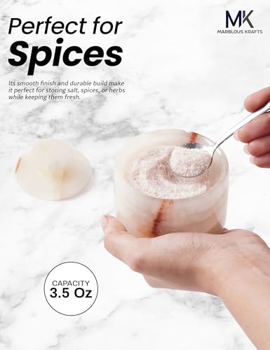 3" Marble Salt Cellar with Lid & Spoon White Onyx Flaky Salt Box, Sugar Jar, and Spice Storage Container for Kitchen Countertop, Ideal Gift for New Home - color: White Onyx