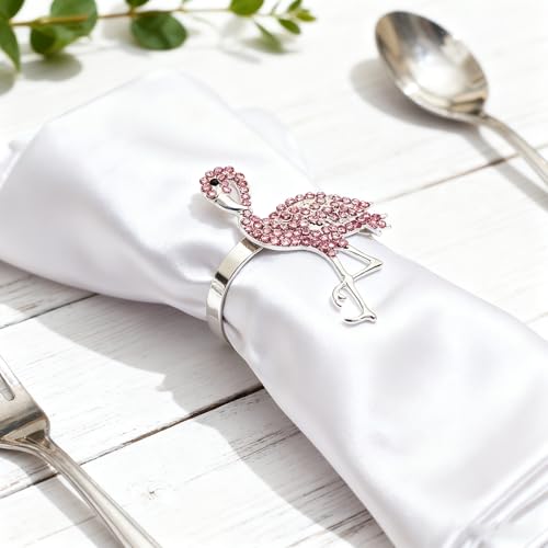 Pink Crystal Flamingo Napkin Rings Set of 6, Silver Rhinestone Tropical Napkin Holders for Beach Wedding Summer Luau Hawaiian Party Bachelorette Elegant Coastal Table Decor - style: Flamingo