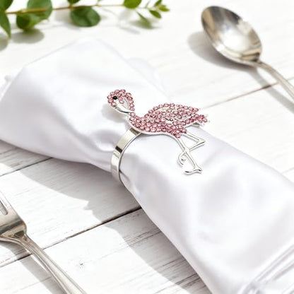 Pink Crystal Flamingo Napkin Rings Set of 6, Silver Rhinestone Tropical Napkin Holders for Beach Wedding Summer Luau Hawaiian Party Bachelorette Elegant Coastal Table Decor - style: Flamingo