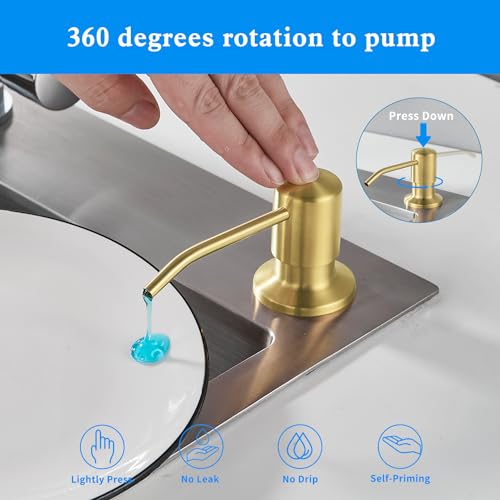 Built in Soap Dispenser for Kitchen Sink, Gold Brushed Stainless Steel Countertop Pump Head, Dish Soap Hand Lotion Dispenser with Refillable 17OZ Bottle - color: Gold Brushed