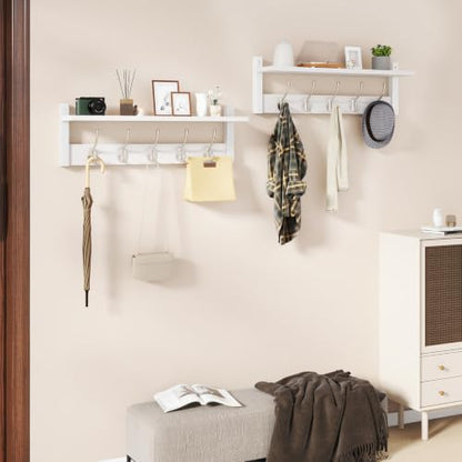 YMYNY 47.2" Coat Rack Wall Mount with Shelf and 10 Hooks, White UHWS004W-2 | 2 Pack Coat Hooks Wall Mount, Wood Wall Mounted Coat Rack with Hooks, Coat Hanger Wall Mount, Wall Hooks for Hanging - color: White