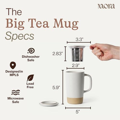 Mora Ceramics Large Tea Mug with Loose Leaf Infuser and Ceramic Lid, 18 oz, Portable, Microwave, Dishwasher Safe, Tall Coffee Cup - Rustic Matte Ceramic Glaze, Modern Herbal Tea Strainer, Oat - color: Oat