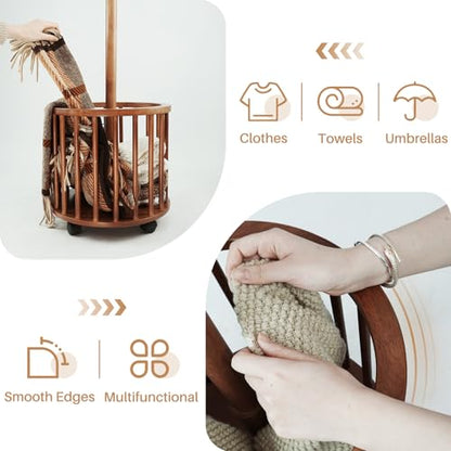 Uniclinens Solid Wood Coat Rack Freestanding with Umbrella Holder, Tree Coat Rack Stand with Lockable Universal Casters & 12 Hooks for Entryway Bedroom, Walnut - color: Walnut, size: Coat Tree