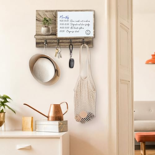 Rustic Mail and Key Holder wall Mount, Brown Solid Wood with Magnetic Whiteboard, 4 Hooks, Entryway Organizer