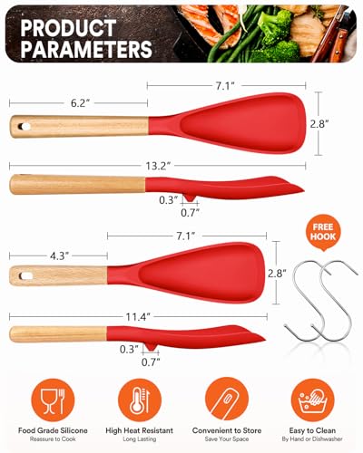 Multifunction Spoon for Nonstick Cookwares, Great for Cooking and Serving, Sturdy BPA-Free Matte Silicone, Wood Handle spoonula for Mixing, Scoop, and Scrape, Red(2 pack,11.4" & 13.4") - color: Red