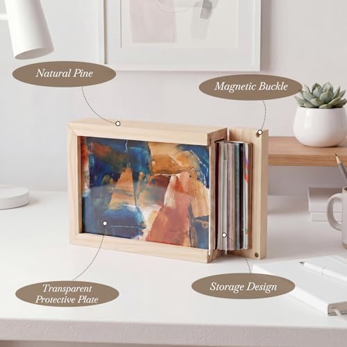 Gerrii Wooden Shadow Photo Storage Frame Box for 4 x 6 in Photo Display, Magnetic Door Store with High Definition Acrylic Postcard Memory Keepsake for 50 Picture Tabletop Housewarming Birthdays Gift