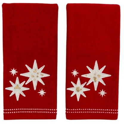 Christmas Bath Hand Towels, Stars with Sequins, Cotton, Red, 16" x 25", Set of 2 - color: Organza Stars