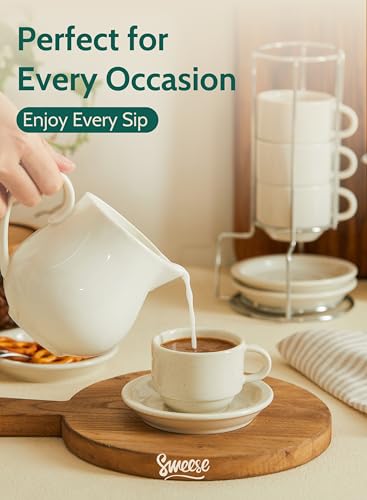 Sweese Porcelain Espresso Cups Set, 2.5 oz, with Saucers, Metal Stand, Stackable - Dove Grey, 4 Pack - color: Dove Grey, size: 2.5 Ounces