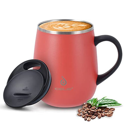 Ideus 16 oz Insulated Coffee Mug with Handle and Lid, Double Wall Stainless Steel Vacuum Thermal Coffee Mug, Travel Coffee Cup Thermal Cup for Home and Office (Jellyfish Red, FUJI DAWN) - color: Jellyfish Red