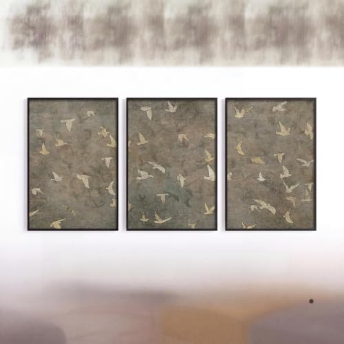 Mohxniity ‍Unframed Triptych Vintage Bird Wall Art Set of 3 - Abstract Flying Birds Canvas Artwork with Aged Texture, Neutral Earth Tones Nature Silhouette Decor for Living Room, Bedroom - size: 24L''x16W''canvas