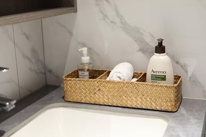 Seagrass Storage Basket Woven Shelf Baskets for Bathroom Vanity Dresser Organizer 14.6inch x 4.7inch x 3.1inch - color: 3 Section without Lid