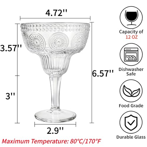 Pumtus 4 Pack 12 OZ Margarita Glasses, Vintage Clear Glass Coupe Cocktail Drinkware, Large Embossed Floral Stemmed Champagne Cup, Thick Manhattan Bar Glassware for Martini, Wine, Frozen Drinks