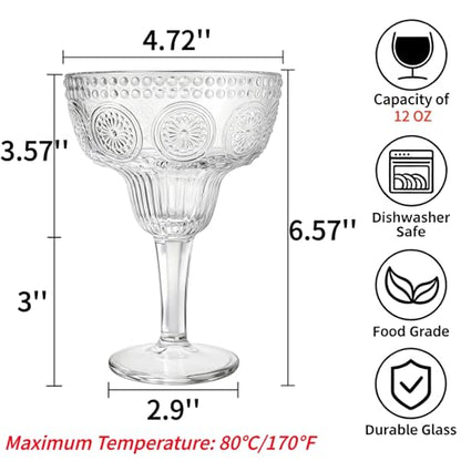 Pumtus 4 Pack 12 OZ Margarita Glasses, Vintage Clear Glass Coupe Cocktail Drinkware, Large Embossed Floral Stemmed Champagne Cup, Thick Manhattan Bar Glassware for Martini, Wine, Frozen Drinks