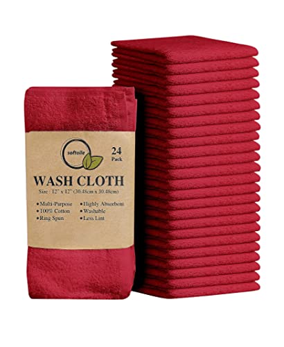 100% Cotton Washcloths 24 Pack (12x12 Inches) Soft, Highly Absorbent Washcloth, Face Towels, Wash Cloths for Face, Ring Spun, Bulk Pack (Red) - color: Red, size: 24 Pack