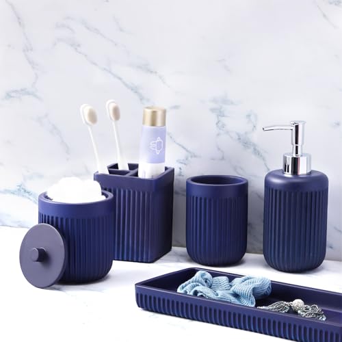 XLHOMO Resin Navy Blue Bathroom Accessories Set 5 Pcs, Lotion Soap Dispenser, Toothbrush Holder, Bathroom Tumbler, Qtip Holder and Vanity Tray, Bathroom Countertop Organizer Set for Modern Apartment - color: Navy Blue, size: Resin Bath Set