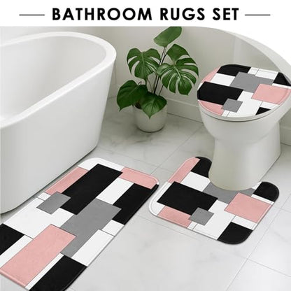 Bathroom Sets with Shower Curtain and Rugs, 4 Pcs, Geometric Pink | Checkered Modern Abstract Bathroom Decor Set with Toilet Lid Cover, Non-Slip Bath Mats and 12 Hooks - color: Abstract Geometric Pink
