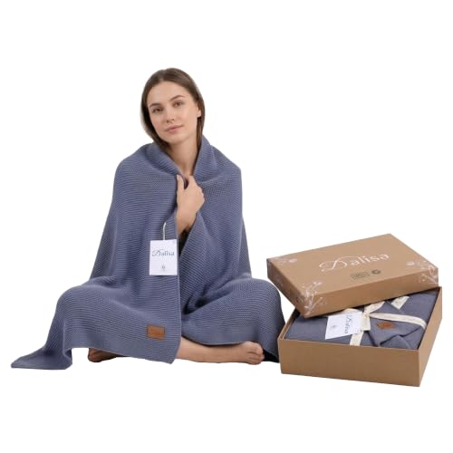 Dalisa Alina GOTS Organic Cotton Throw Blanket, Aegean Blue, 50x60 in | Boho vintage knit, soft and cozy all-season layer, for couch, bed and home decor - color: Aegean Blue, size: 50x60