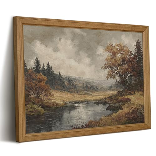 Vintage Landscape Wall Art Moody Canvas Wall Decor Retro Cottagecore Prints Farmhouse River Pictures Rustic Landscape Poster Vintage Painting for Home Bedroom 12x16 Inch Framed - color: Landscape Art, size: 16"L x 12"W