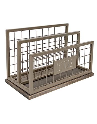 Desktop Mail Organizer - 2 Compartment Mail Holder & Stationary Table Top Desk Organizer - Chic and Stylish Galvanized Steel and Solid Wood - “Letters” Print - for Home and Office, Grey "Letter" - color: Gray "Letters"