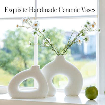 COTYNI White Ceramic Vase Set of 2 for Modern Home Decor, Round Matte Donut Vases for Pampas Grass, Boho Nordic Minimalism Style Modern Flower Vases for Living Room Table Bookshelf Office Bedroom