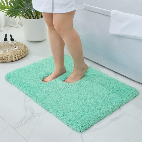 Bathroom Rugs Non Slip Washable, Ultra Thick Soft Microfiber Absorbent Bath Mats, High Density Foam Latex Non Slip Backing Bath Rugs, Fluffy Floor Carpet for Tub&Shower 24x17, SpaBlue - color: Spa Blue, size: 24" X 17"(Small Bathroom Rug)