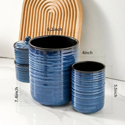 HASENSE Ceramic Utensil Holder Set of 2 (7.4"+5.5"), Modern Farmhouse Kitchen Utensil Crocks for Countertop, Blue Kitchen Tool Organizer for Spatulas, Whisks, Tongs & Cooking Tools - color: Navy Blue(2 pcs)
