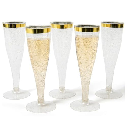 Prestee 48 Disposable Plastic Champagne Flutes With Gold Rim Glitter - Clear Toasting Glasses for Mimosa, New Year’s Eve Party, and Elegant Celebrations - Premium Quality Disposable Stemware - color: Gold Rimmed, size: 48 Count (Pack of 1)