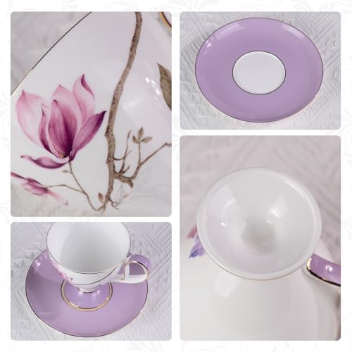 KAMMAK Ceramic Coffee Cups Saucers Set of 2, Porcelain Espresso Cups with Saucers, 8.12 oz Handcrafted Elegant Bone China Tea Cups, Purple Hibiscus & Iris Flower Pattern Teacup for Party, Office, Gift - color: Strolling in the Flower Garden (Hibiscus + Ir