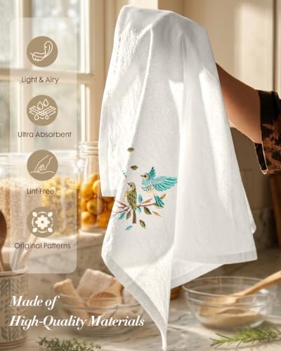 Embroidered Flour Sack Kitchen Towels, Cute Birdie | Exquisite Embroidery, Pure Cotton, Lightweight, Nostalgic Design, with Hanging Loop, Softer After Wash, Machine Washable - color: Birdie
