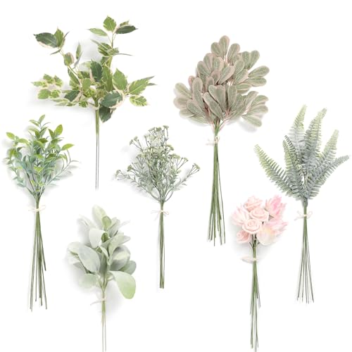 Serra Flora Artificial Greenery Spray Box Set(Pack of 48pcs) with 7 Kinds of DIY Wedding Bouquet Filler Table Centerpieces and Floral Arrangement - color: Fresh Green&light Pink