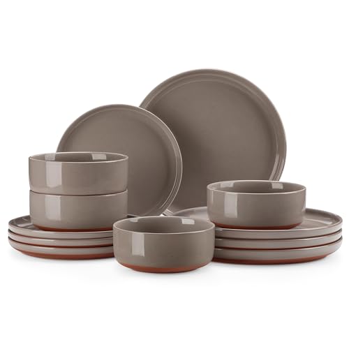MALACASA Plates and Bowls Sets, 12 Pieces Modern Stoneware Dinnerware Set for 4 Kitchen Dinner Set Ceramic Dishware Dishes Set Microwave and Dishwasher Safe, Brown, Series TARA - color: Brown, size: 12 Pcs (Service for 4)