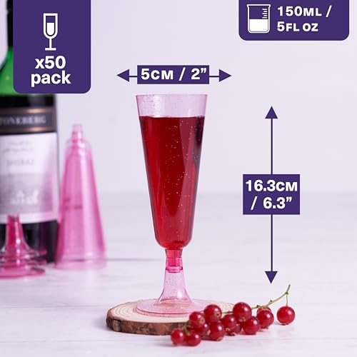 MATANA 50 Glitter Pink Champagne Flutes Plastic Champagne Glasses 5 oz, Reusable Pink Plastic Wine Glasses, Copas De Plastico Para Brindis, Toasting Glasses for Wedding, Bridal Shower, Girl's Party - color: Pink Glitter, size: 50 Pack
