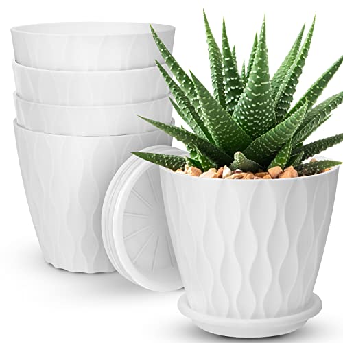 YNNICO 6 inch Plant Pots, 5 Pack Flower Pots Outdoor Indoor, Planters with Drainage Hole and Tray Saucer（White - color: White, size: 6 inch