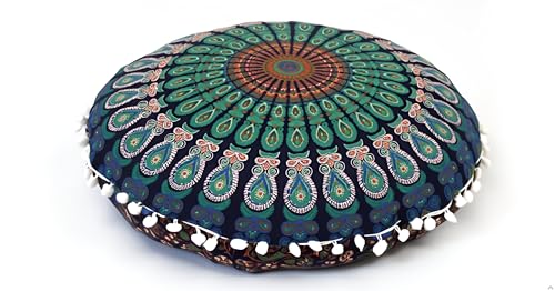 CRAFT KALA 22" Mandala Meditation Floor Pillows Cover Pouf Round Cover Seating Bohemian Mandala Cotton Floor Cushion Cover Outdoor Fireplace Seating Living Room Yoga Room Home Décor Blue Mirchi - color: Blue Yellow Peacock