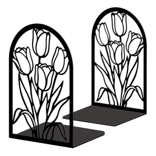 5.3"x4.3"x7.9" Metal Bookends, Heavy Duty Book Ends for Shelves | Tulips Theme Cast Iron Book Supports, 1 Pair Decor Stoppers for Desk, Library, Office & Home Shelves - style: Tulips