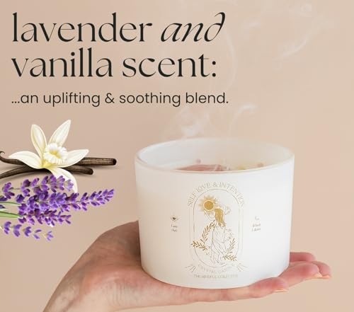 Large Crystal Candles for Women - 12oz Soy Wood Wick Candles that Crackle. Scented, Non-Toxic, Luxury Aromatherapy. Unique Meditation Spiritual Gifts for Women - style: Lavender Vanilla Healing Crystals Candle