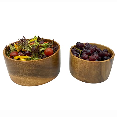 Acacia Wood Bowl Set of 2, Artisan Hand-Turned Cylindrical, 8" & 6" Bowls | Solid joint-free acacia wood bowls with continuous grain, handcarved for salad, fruit, bread, serving food 8 x 4 & 6 x 3.5 in
