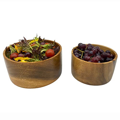 Acacia Wood Bowl Set of 2, Artisan Hand-Turned Cylindrical, 8" & 6" Bowls | Solid joint-free acacia wood bowls with continuous grain, handcarved for salad, fruit, bread, serving food 8 x 4 & 6 x 3.5 in