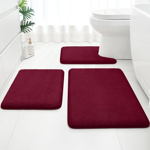 HOMEIDEAS Upgraded Bathroom Rugs Set 3 Piece, Ultra Soft Memory Foam Bath Mats, Super Absorbent Non Slip Washable U-Shaped Toilet Bath Rug (Burgundy Red, 17"x24"+20"x32"+U-Shaped 20"x24") - color: Burgundy Red