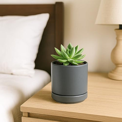 D'vine Dev 4-Pack Ceramic Pots with Saucers, Grey, 3.5 in, 94-X-A-3 | Glazed Ceramic, Drainage Hole and Saucer, Sleek Cylinder Shape, High Temperature Fired, Ideal for Small Houseplants - color: Gray, size: 3.5 Inch