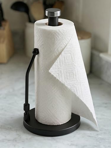 SMARTAKE Paper Towel Holder Countertop, Non-Slip Weighted Base, Black | Freestanding Kitchen Roll Dispenser, Rustproof Stainless Steel, Spring Arm for Easy Tear, Widden Top, with 4 Suction Cups - color: 02-black