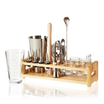 True 20-Piece Cocktail Shaker Bar Set with Wooden Stand Includes Boston Shaker, Mixing Glass, Muddler, Jigger, Strainer, Bartender Kit for Mixed Drinks, Cold Brew Cocktails, Home Bar Tools - size: 20-Piece