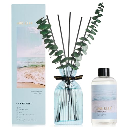 Reed Diffuser Set, Ocean Mist, 6.76 oz | Diffuser Sticks, Decorative Eucalyptus, Ribbed Glass Bottle, Home Fragrance for Bathrooms and Bedrooms - color: Ocean Mist
