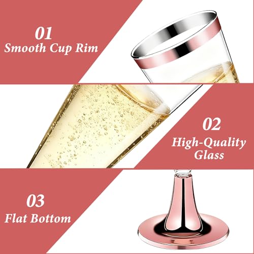 GuanQiao 100 Pack Plastic Champagne Flutes with Rose Gold Rim Pink Bottom, 5.5 Oz Clear Disposable Plastic Champagne Glasses, Wine Glasses Cups for Wedding Celebration New Years Eve Party Supplies - color: Pink Bottom Pink Rim, size: 100-Pack