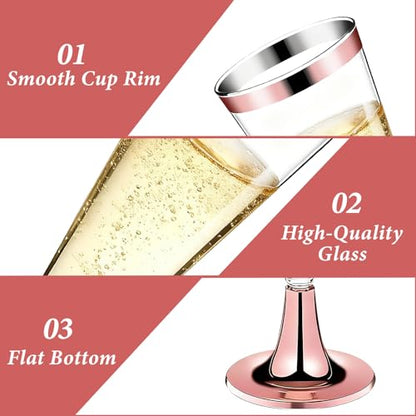 GuanQiao 100 Pack Plastic Champagne Flutes with Rose Gold Rim Pink Bottom, 5.5 Oz Clear Disposable Plastic Champagne Glasses, Wine Glasses Cups for Wedding Celebration New Years Eve Party Supplies - color: Pink Bottom Pink Rim, size: 100-Pack